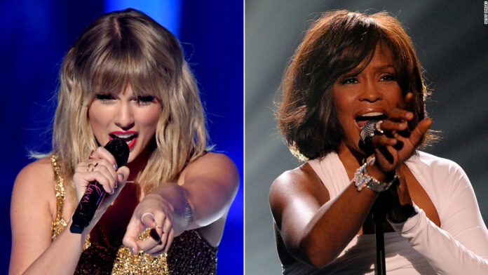 taylor-swift-tops-whitney-houston’s-record-for-most-weeks-at-no.-1-on-the-billboard-200-chart