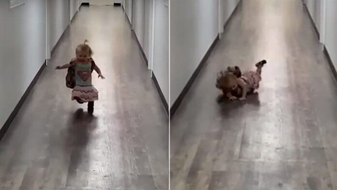 texas-toddler-is-too-happy-to-see-her-dad-after-school,-falls-while-running-toward-him-in-adorable-video